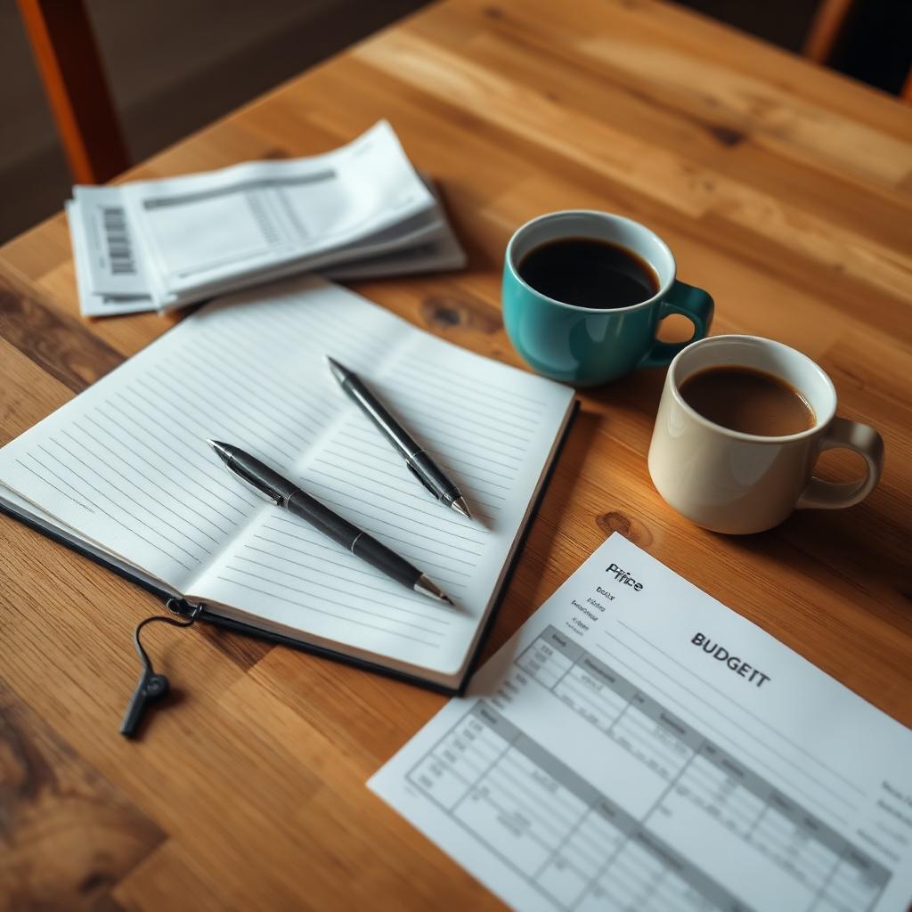 Haushaltsbuch mit Kaffeetasse und Belegen